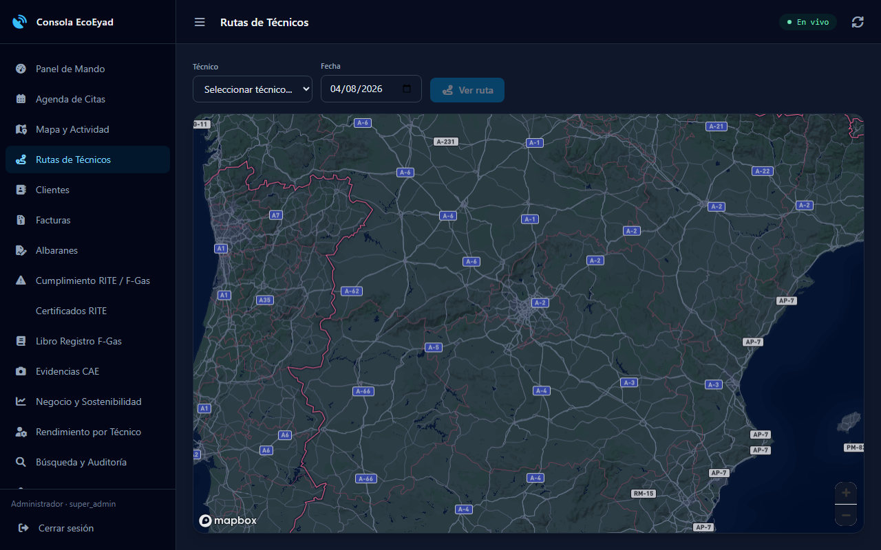 Rutas de técnicos — mapa en vivo